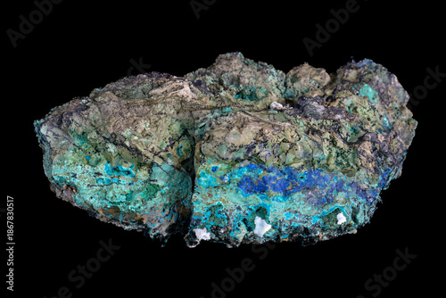 Chrysocolla sample, on black background. Vibrant blue-green color is due to the high copper content. 
