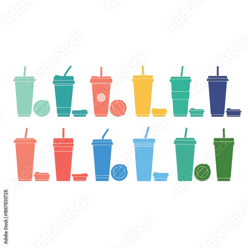 Colorful Plastic Cups with Lids and Straws Set.