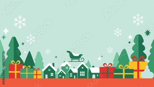 Festive Christmas Village Scene Presents, Snow, and a Sleigh Amidst Holiday Cheer and Celebration