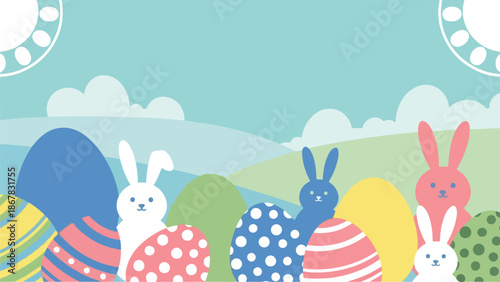 Colorful Easter Illustration Bunnies and Decorated Eggs Amidst a Pastel Landscape