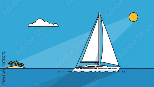 Sailboat sailing on the ocean with a small island in the background, sunny day