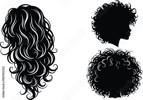 Black silhouette vector set of female hairstyles including long wavy hair and curly afro styles, isolated icons for beauty and hair salon.