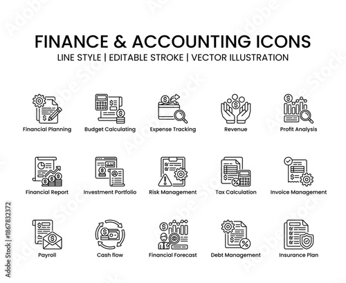 
Set of icons finance and accounting in line style. Includes budget management, tax calculation, invoice, profit, financial report and more. 