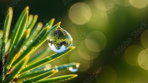 Dewdrop reflects forest scene on evergreen needles