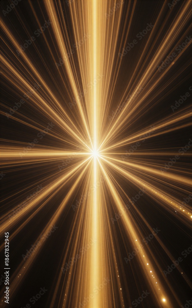 Obraz premium Golden rays burst from center, radiating brilliance against deep black void.