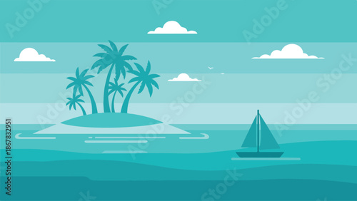 Serene Tropical Island Scene A Calm Ocean with Palm Trees and a Sailing Boat Under the Sky