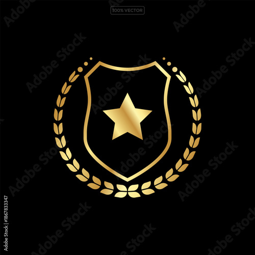 Gold shield set, realistic isolated golden trophy, 3d luxury safety protection emblems template design