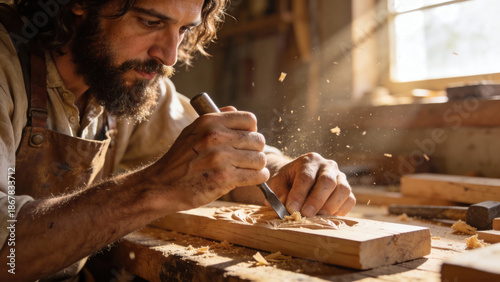 Wallpaper Mural Craftsman focused on carving wood in a sunlit workshop   Torontodigital.ca