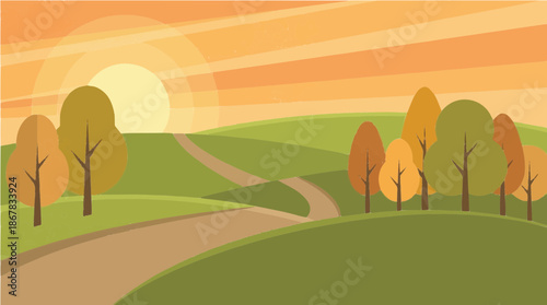 Countryside hills landscape vector illustration, rolling green fields, small road and trees
