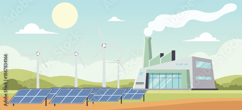 Renewable energy factory with solar panels and wind turbines showing clean power production, sustainable industry, and green technology in flat vector style