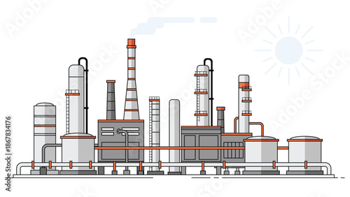 Industrial factory plant with pipes, tanks, and smokestacks showing heavy industry, energy production, and manufacturing infrastructure in flat vector design