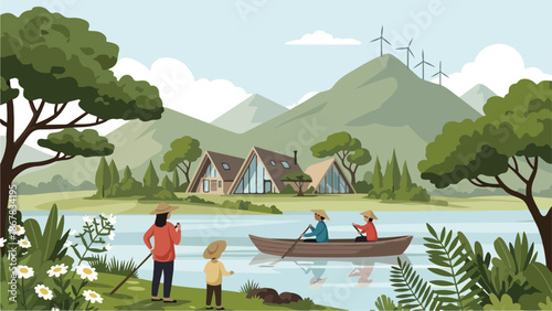 Scenic lakeside view with families enjoying nature, sustainable living, and renewable energy
