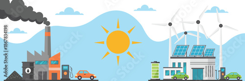 Energy transition concept showing fossil fuel factory and renewable power plant with solar panels wind turbines and electric cars in flat vector style