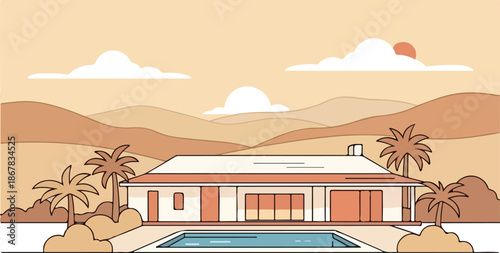 Tranquil Home A Peaceful Adobe-Style House by the Pool Under a Warm Sunset