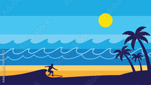 Surfing at Sunrise A Vector Illustration of a Surfer on the Waves at the Beach with Palm Trees and a Golden Sun