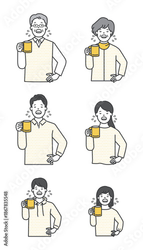 コップを持ってガラガラうがいをする人のイラストベクター素材セット