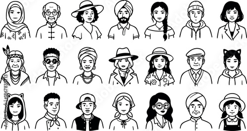 Line art front facing multicultural avatar headshots showing smiling characters wearing hats hijab turbans glasses and casual clothing in grid layout