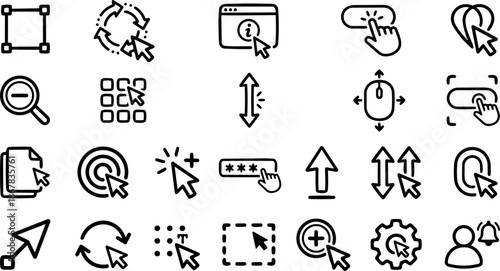Minimal line icon set close up grid of mouse cursor and interface interaction symbols with consistent stroke and simple black outline