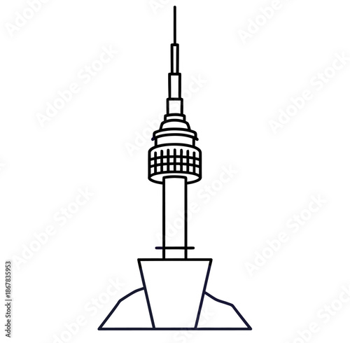 Flat illustration of N Seoul Tower on Namsan Mountain, a famous landmark in Seoul, South Korea.
