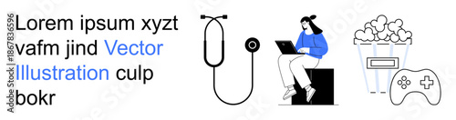 Remote work, entertainment, digital lifestyle, productivity, healthcare, gaming. Woman using a laptop, stethoscope popcorn game controller. Remote work and entertainment lifestyle theme