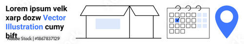 Logistics, scheduling, delivery services, home shipping, location tracking, planning. A house, marked calendar and location pin. Logistics and scheduling illustrated