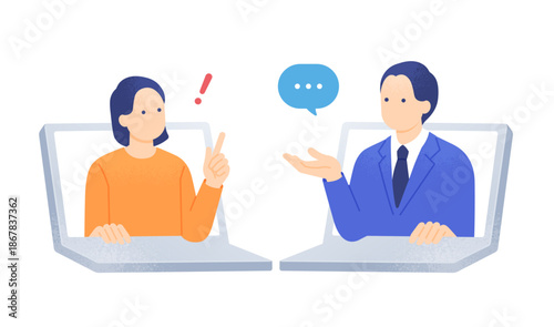 オンラインサポートを受ける顧客。疑問が解決して納得する女性のイラスト素材。