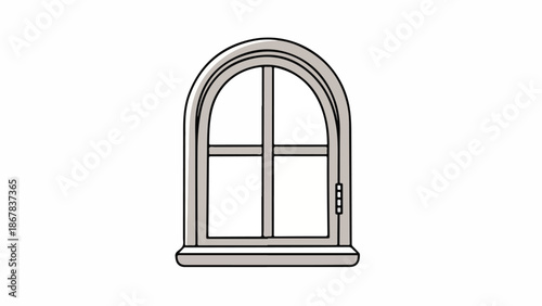 Line drawing of an arched window with four panes on a white background.