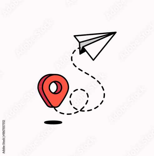 Minimal cartoon illustration of a paper plane flying along a dashed route to a location pin. Clean flat vector design ideal for navigation, delivery, travel, and app interface concepts