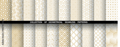 Geometric set of seamless golden and white patterns. Simple vector graphics