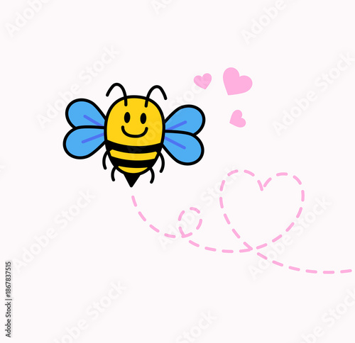 Adorable smiling bee with blue wings flying and creating a heart-shaped trail. Playful flat cartoon vector perfect for love, kids designs, stickers, and cute branding concepts.