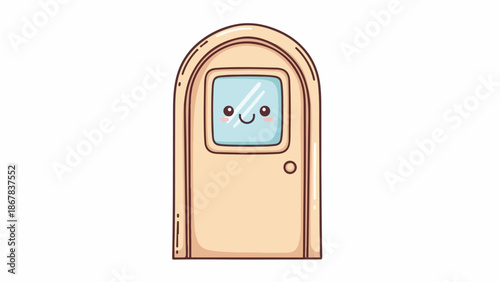 A cartoonish illustration of a closed door with a smiling face peeking through a small window on a white background.
