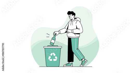 Man recycling glass bottle into green bin with recycle symbol, eco-friendly lifestyle concept