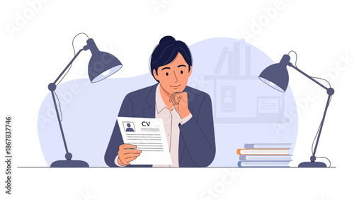 Man reviewing CV resume document with desk lamps, books, and bookshelf background