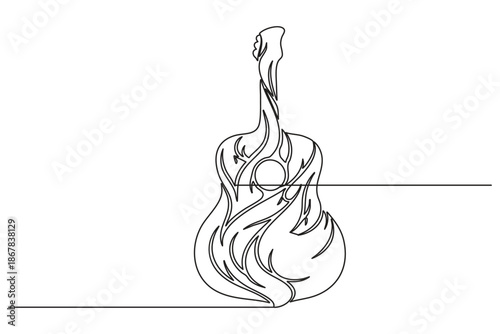Single flowing line art minimal illustration of an acoustic guitar with internal fire
