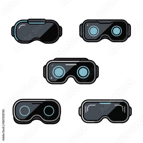 Collection of five stylized virtual reality headset illustrations