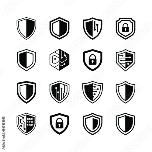 Collection of Shield Icons Representing Security and Technology