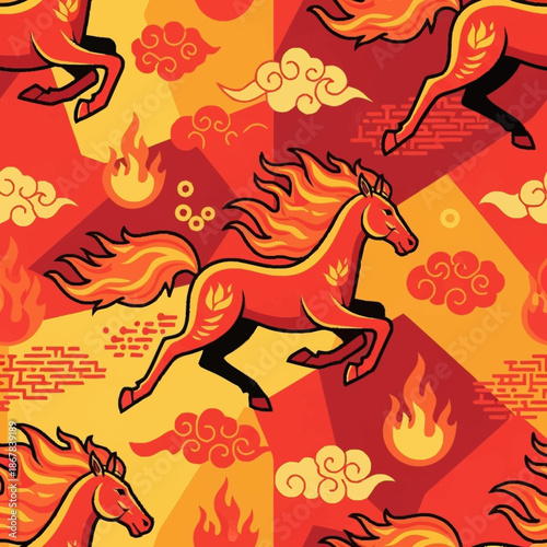 A vibrant seamless pattern featuring stylized red fire horses with fiery manes and tails, galloping amidst traditional Asian clouds and flames on a warm geometric background.
