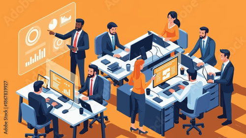 Modern isometric vector art portraying a professional business team actively collaborating on project development and data visualization in a contemporary office.