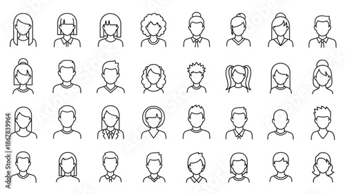 avatar icons representing various individuals and people in a stylized, minimalist outline design