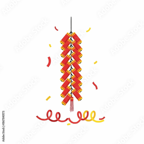 A string of red firecrackers with confetti and streamers, celebrating a festive occasion.