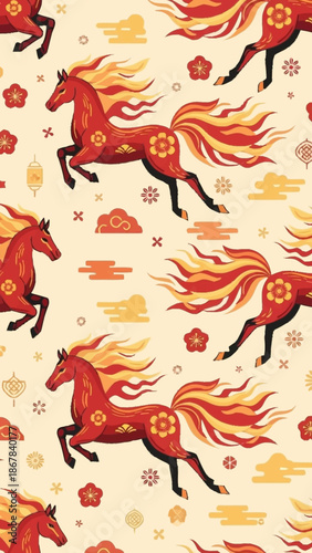 Red horses with fiery manes and tails galloping in a seamless pattern with traditional Asian elements like clouds and flowers.