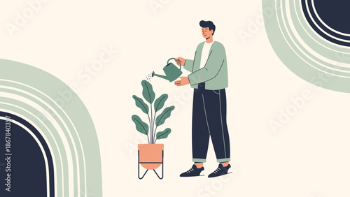 Man watering potted plant, modern flat illustration, home gardening concept