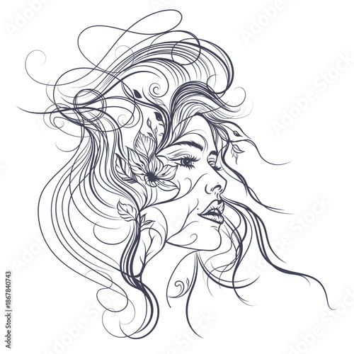 Fashion vector lined beautiful fairy nymph in elegant style, portrait with flowers