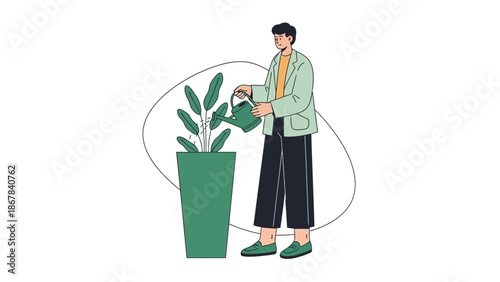 Man watering potted plant, illustration, growth, care, lifestyle concept
