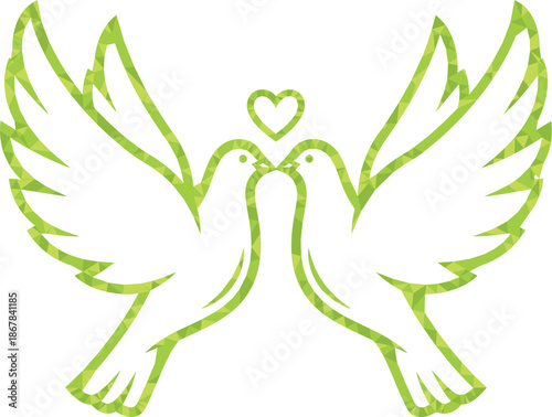Two green geometric doves with a heart symbol between them