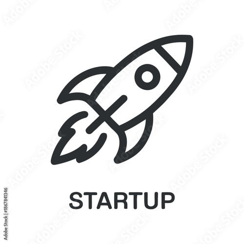 A simple black and white line art illustration depicting a rocket taking off with the word startup below it