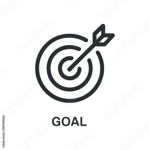 A simple black and white line art illustration depicts a dart hitting the center of a target symbolizing achievement