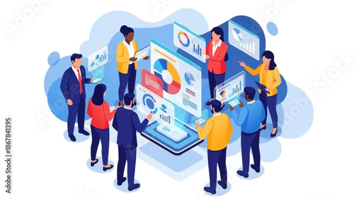 A diverse business team collaboratively analyzes complex data visualizations on a central digital display, driving strategic insights and informed decisions.
