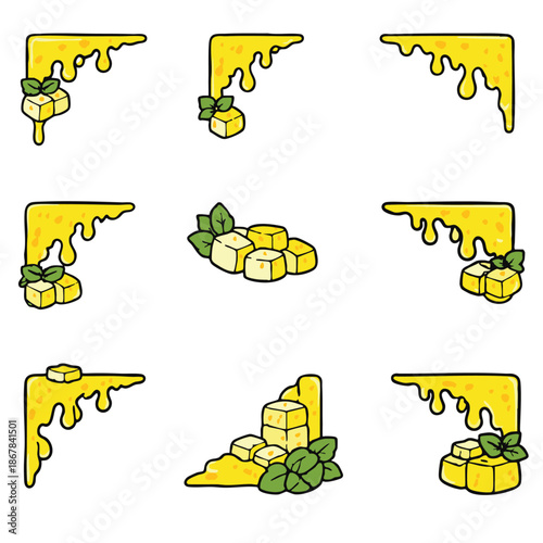 Cheese cube melted cheese basil leaf dairy food cartoon style yellow color corner design isolated food icon