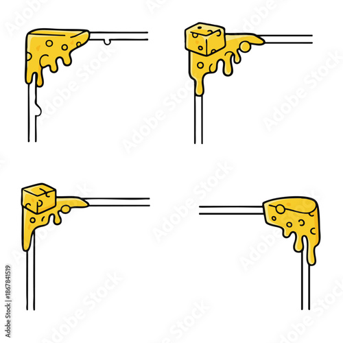 Melted cheese dripping from corner edges with cartoon style, featuring different cheese block shapes and gooey textures in yellow tones, creating fun and appetizing design